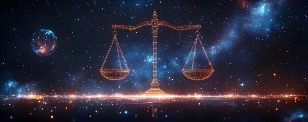 Photo cosmic justice illustration of scales of justice in space