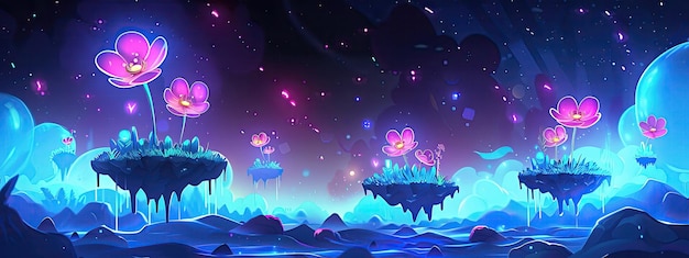 A cosmic landscape of floating islands on which fantasy flowers grow