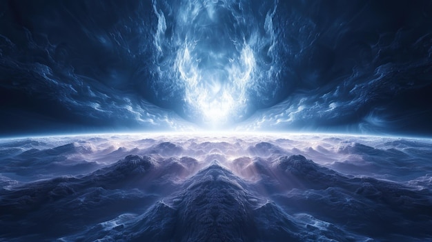 A Cosmic Landscape with Blue Clouds and Light