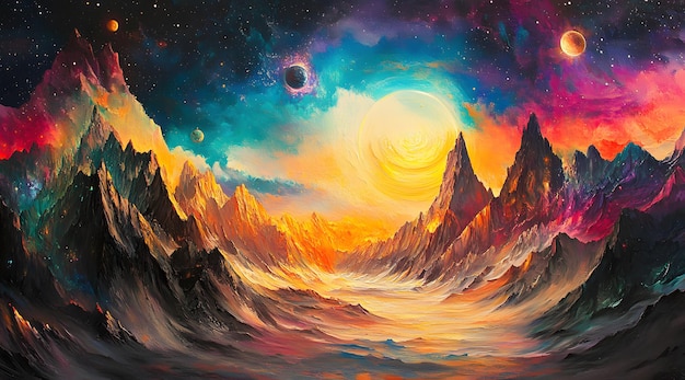 Photo a cosmic landscape with mountains planets and stars