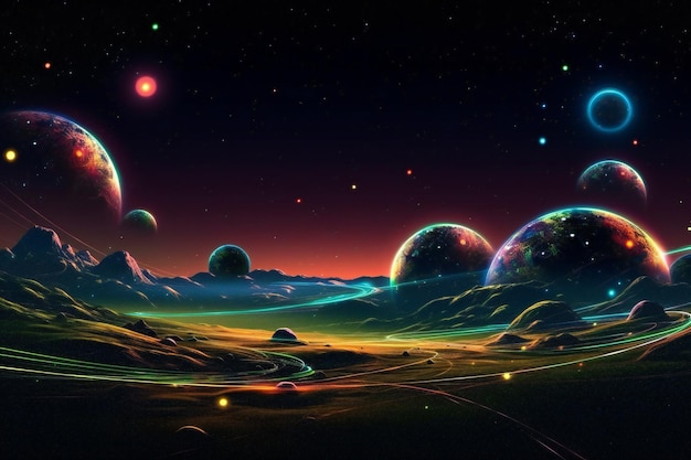 Cosmic landscape with planets stars and galaxies