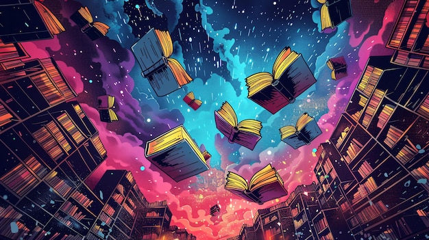 Cosmic Library with Flying Books in Space