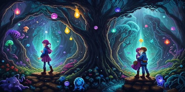 Photo cosmic quest enchanting pixel art adventures in the forests of wonders and outer space