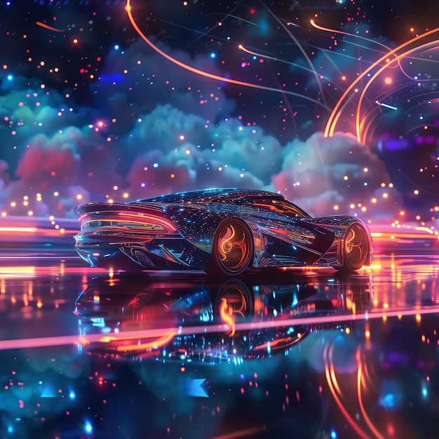 A cosmic reflection on a sleek futuristic car surface intricate cyberpunk vibrant ethereal detailed