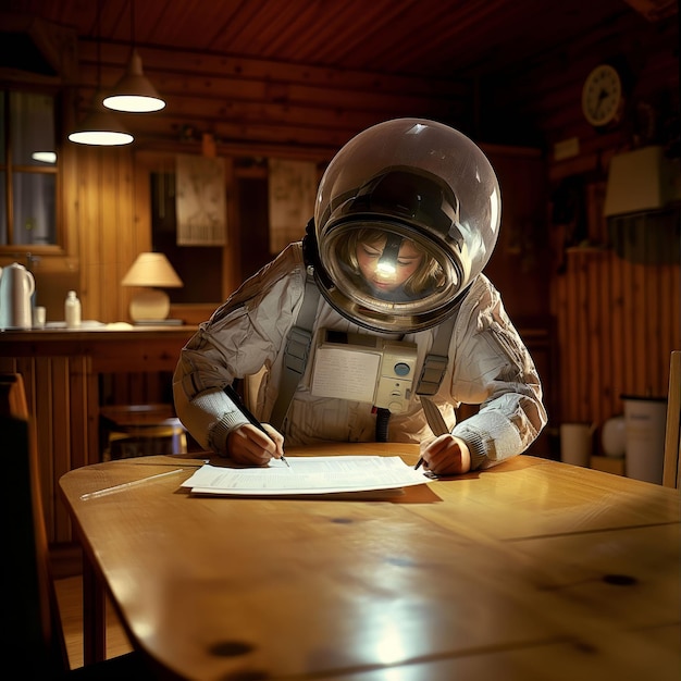 Photo cosmic reflections an astronauts quiet moment in a cozy cabin