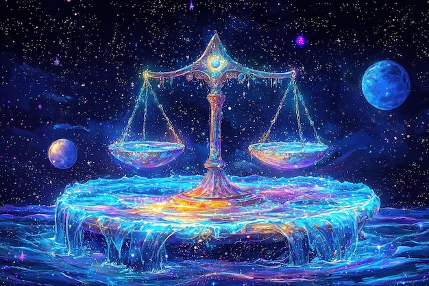 Cosmic scales of justice floating on enchanting cosmic landscape