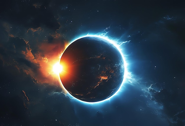 Photo a cosmic scene solar eclipse large planet blocks the sun deep space background