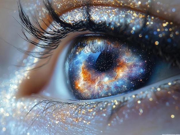 Cosmic universe reflected in eyes sparkling with glitter and starlight