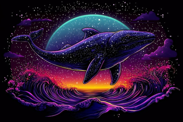 Cosmic Whale Soaring Over Waves