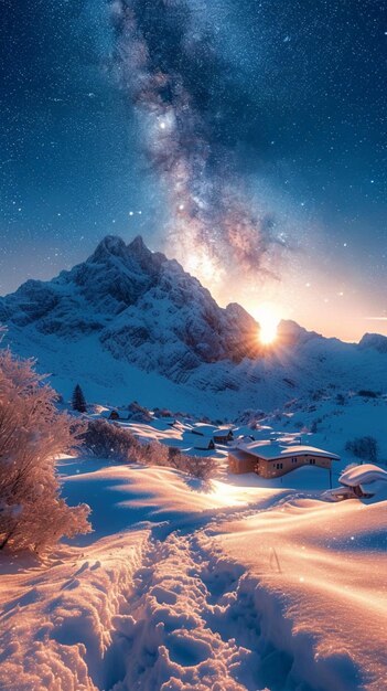 Photo cosmic winter beauty starry skies and snowy landscapes in harmony vertical mobile wallpaper