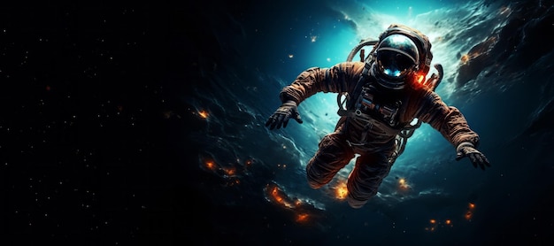 Cosmonaut flying in galaxy universe space with empty dark background