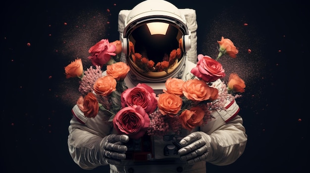 cosmonaut with a bouquet of flowers on a dark backgroundAI Generative AI