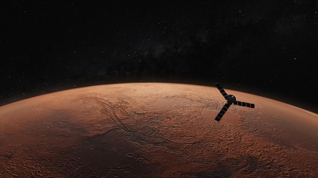 Cosmos concept a space satellite flies over the red planet mars d illustration