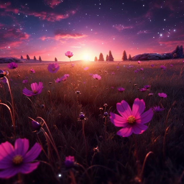 Cosmos flower on the meadow at sunset