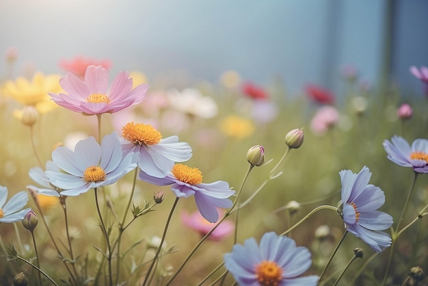 Cosmos flowers in the garden with copyspace background vintage style soft focus