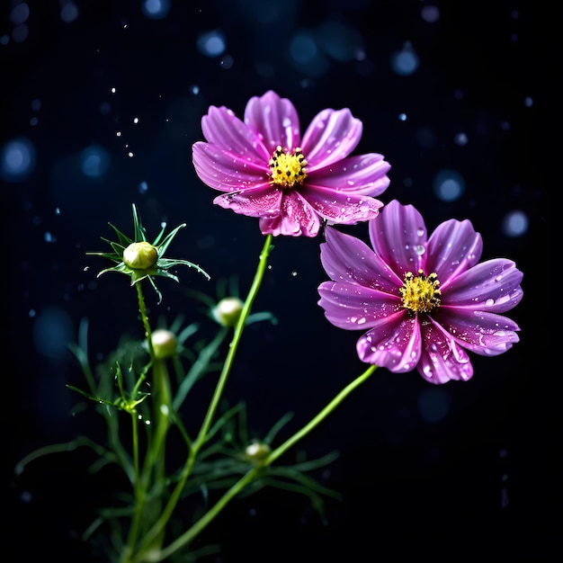 Photo cosmos with water droplets on black background