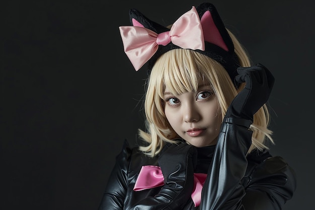 Cosplay game uniform costume young woman isolated in black background