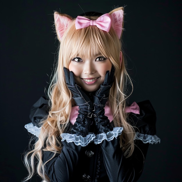 Cosplay game uniform costume young woman isolated in black background