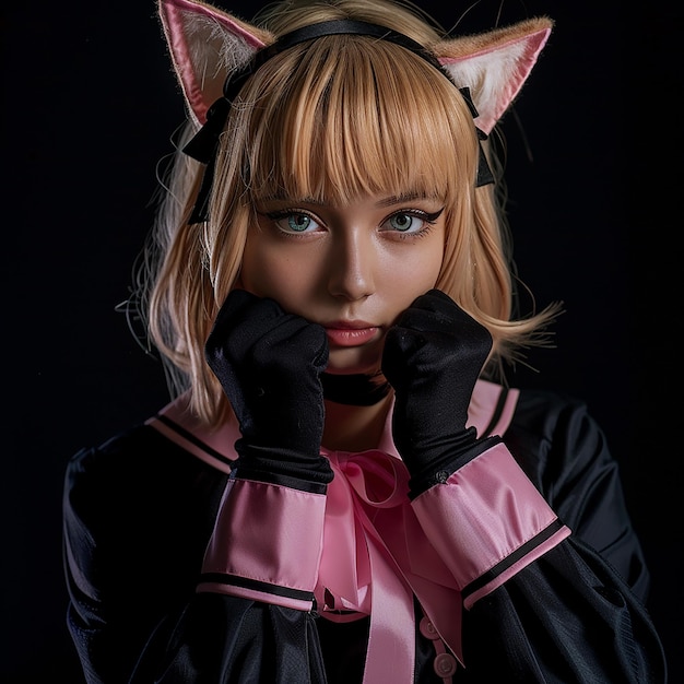 Cosplay game uniform costume young woman isolated in black background