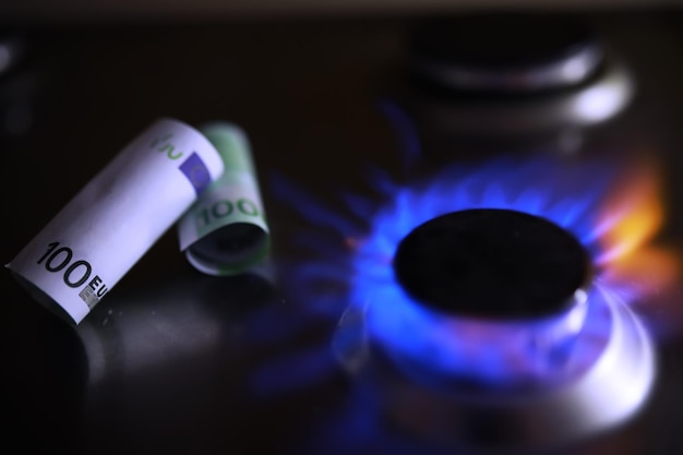 Photo the cost of gas the euro crisis 100 euros on a gas burner sanctions on russian gas