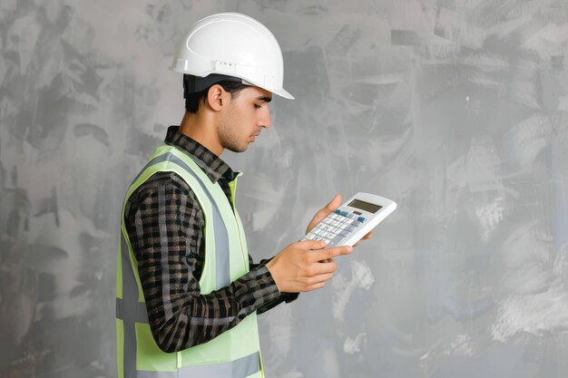 The cost of a new home Muslim young man with drawings and a calculator isolated on grey background