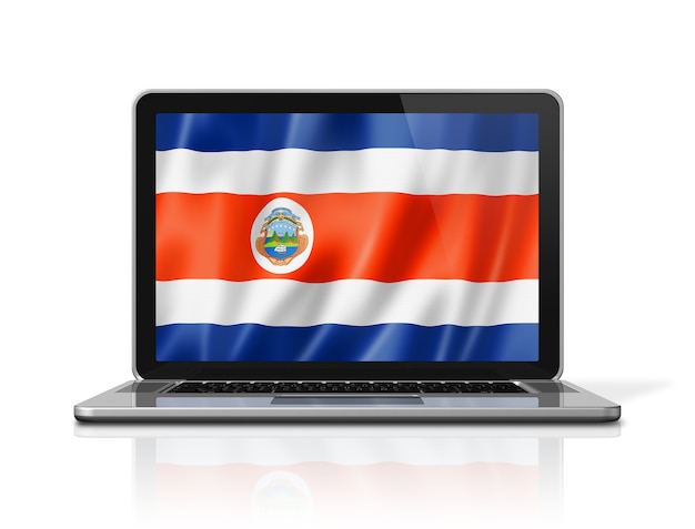 Costa Rica flag on laptop screen isolated on white. 3D illustration render.