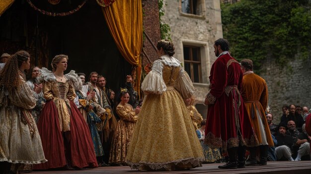 Costumed actors performing scenes from historical plays