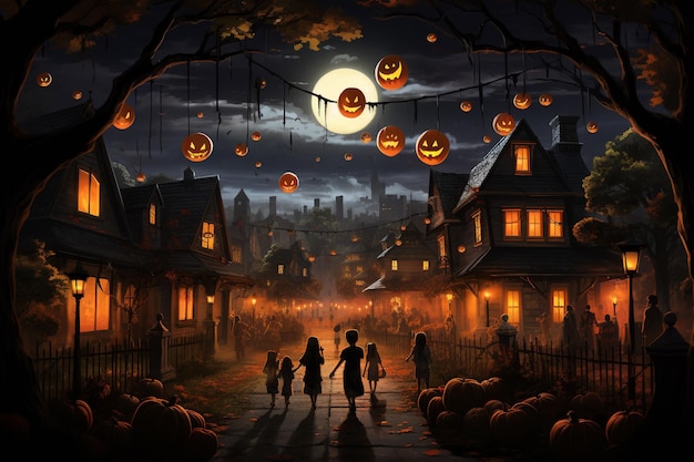 Costumed Children TrickorTreating in a Festively Adorned Neighborhood created with Generative AI