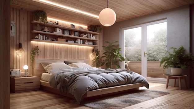 Cosy bedroom decorated in light wood Scandinavian style AI generative