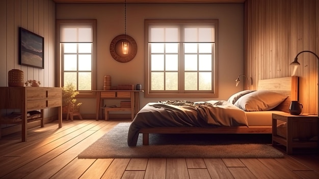 Cosy bedroom decorated in light wood Scandinavian style AI generative