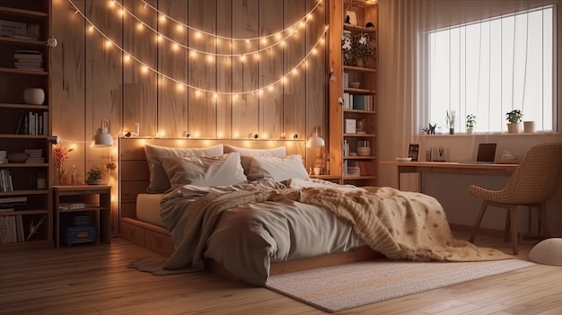 Cosy bedroom decorated in light wood Scandinavian style light garlands for illumination AI generative