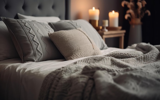 Cosy bedroom in modern home pillows close up