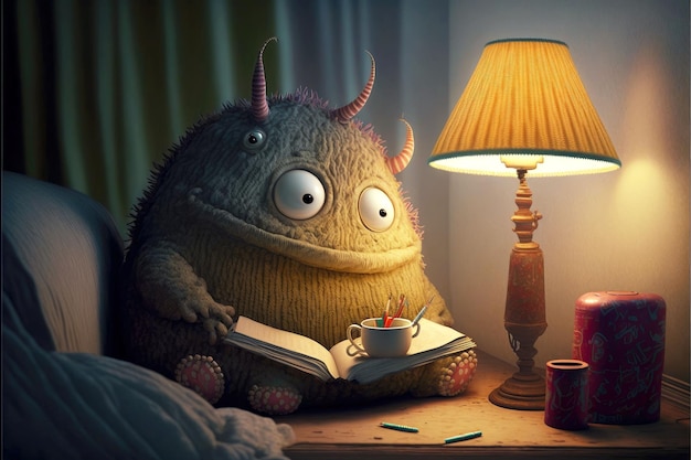 Cosy home with reading lamp and cute monster reads books generative ai