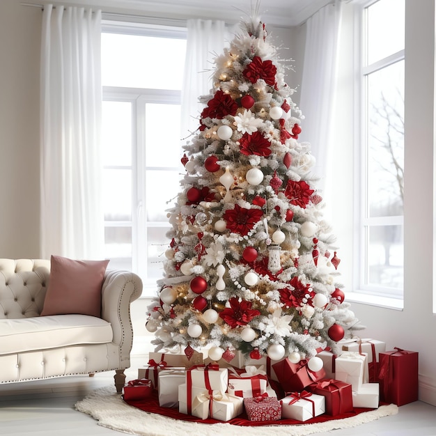 Cosy living room with christmas tree and red gifts in modern interior Merry christmas background