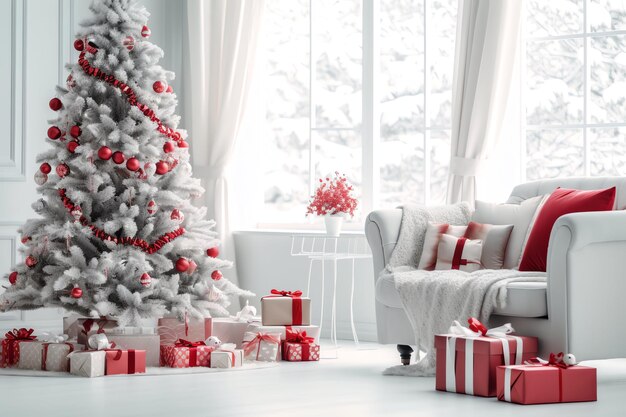 Cosy living room with christmas tree and red gifts in modern interior Merry christmas background