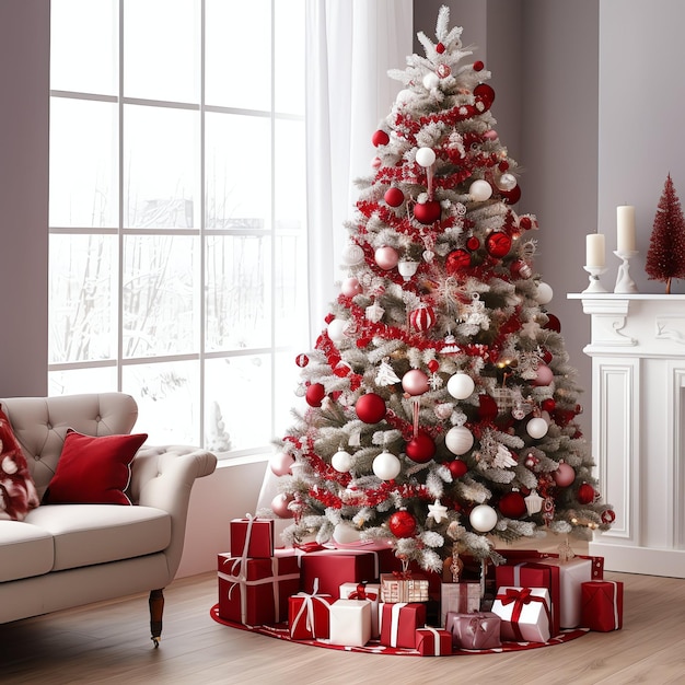 Cosy living room with christmas tree and red gifts in modern interior Merry christmas background