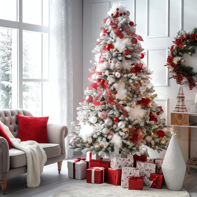 Cosy living room with christmas tree and red gifts in modern interior Merry christmas background