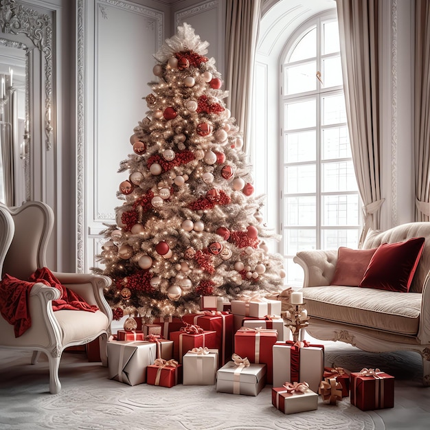 Cosy living room with christmas tree and red gifts in modern interior Merry christmas background