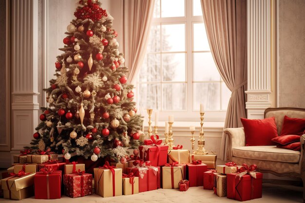 Cosy living room with christmas tree and red gifts in modern interior Merry christmas background