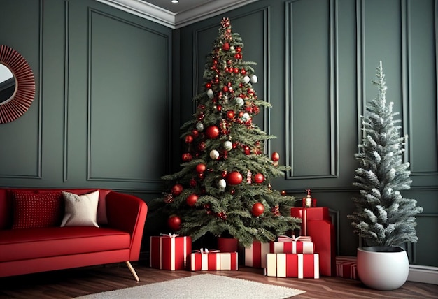 Cosy living room with christmas tree and red gifts in modern interior Merry christmas background