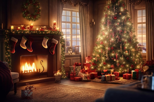 Cosy living room with fireplace and christmas tree in classic interior Merry christmas background