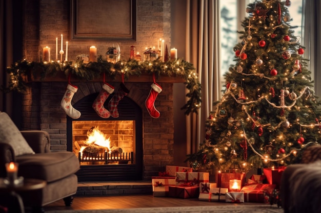 Cosy living room with fireplace and christmas tree in classic interior Merry christmas background