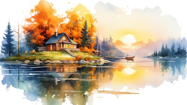 Cottage by a lake watercolor illustration generative ai