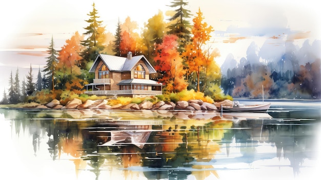 Cottage by a lake watercolor illustration generative ai