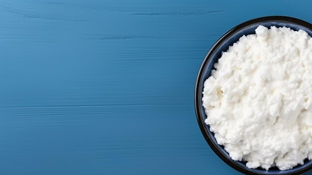 Cottage cheese in a bowl on blue background with copy space