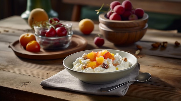 Cottage Cheese Bowl Top cottage cheese with sliced fruit honey and nuts Generative AI image