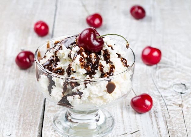 Cottage cheese dessert with chocolate and cherry berry