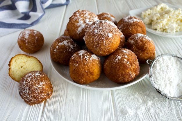 Cottage cheese donuts in the white plate