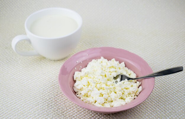 Cottage cheese and milk on a light background