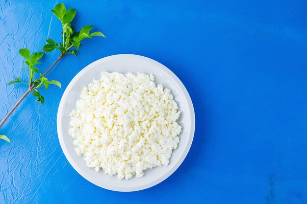 Cottage cheese in a white plate on a blue background Organic eco healthy meal dairy product